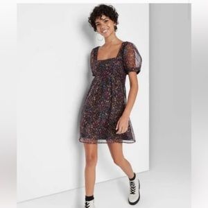 Wild Fable Black Floral Puff Sleeve Organza Dress L